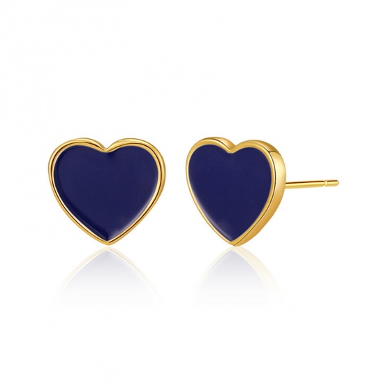 Picture of 1 Pair Eco-friendly Simple & Casual Stylish 18K Real Gold Plated Navy Blue Brass Heart Enamel Ear Post Stud Earrings For Women Valentine's Day 8mm x 7mm