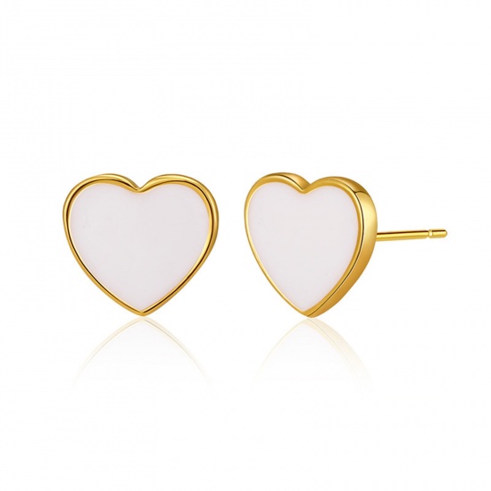 Picture of 1 Pair Eco-friendly Simple & Casual Stylish 18K Real Gold Plated White Brass Heart Enamel Ear Post Stud Earrings For Women Valentine's Day 8mm x 7mm