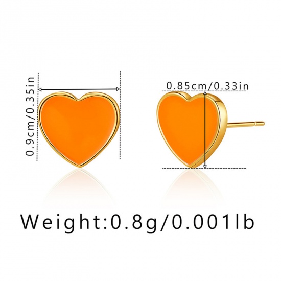 Picture of 1 Pair Eco-friendly Simple & Casual Stylish 18K Real Gold Plated White Copper Heart Enamel Ear Post Stud Earrings For Women Valentine's Day 8mm x 7mm