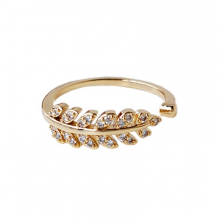 Eco-friendly Natural Pastoral Stylish 14K Real Gold Plated Brass & Cubic Zirconia Open Adjustable Leaf Rings For Women 17mm(US Size 6.5), 1 Piece