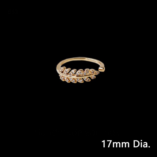 Picture of Eco-friendly Natural Pastoral Stylish 14K Real Gold Plated Brass & Cubic Zirconia Open Adjustable Leaf Rings For Women 17mm(US Size 6.5), 1 Piece