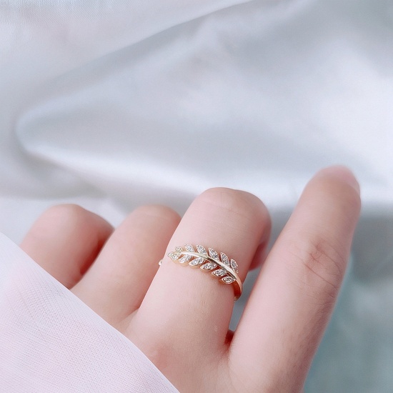 Picture of Eco-friendly Natural Pastoral Stylish 14K Real Gold Plated Brass & Cubic Zirconia Open Adjustable Leaf Rings For Women 17mm(US Size 6.5), 1 Piece