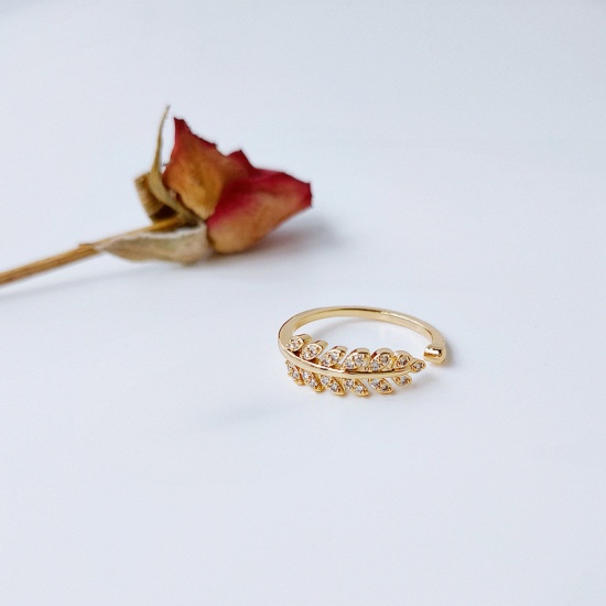 Picture of Eco-friendly Natural Pastoral Stylish 14K Real Gold Plated Brass & Cubic Zirconia Open Adjustable Leaf Rings For Women 17mm(US Size 6.5), 1 Piece