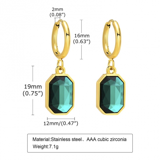 Image de 1 Paire Placage sous Vide À la Mode Boucles d'Oreilles Simple en 304 Acier Inoxydable & Zircon Octogone Plaqué Or Véritable 18K Pour Femmes 3.5cm x 1.2cm