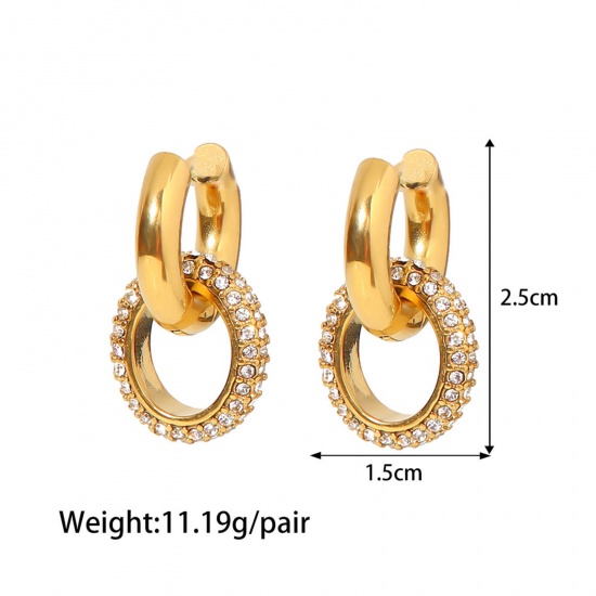 Picture of 1 Pair Vacuum Plating Exquisite Stylish 18K Real Gold Plated 304 Stainless Steel & Cubic Zirconia Oval Earrings For Women 2.5cm x 1.5cm