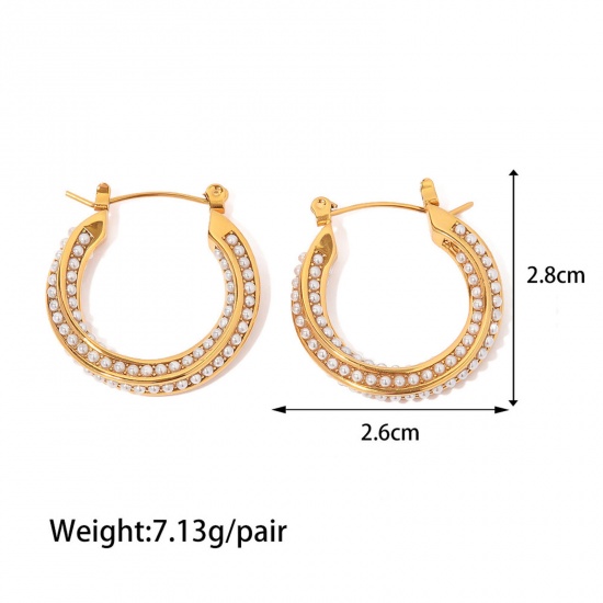 Picture of Eco-friendly Stylish Elegant 18K Real Gold Plated 304 Stainless Steel Twist Imitation Pearl Hoop Earrings For Women 2.8cm x 2.6cm, 1 Pair