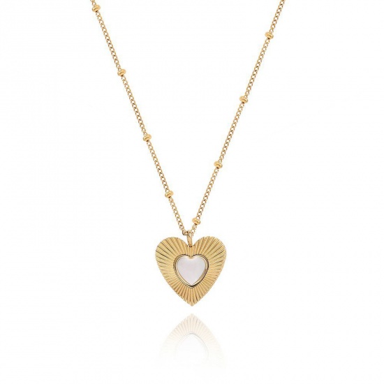 Picture of 1 Piece Vacuum Plating Simple & Casual Stylish 18K Real Gold Plated 304 Stainless Steel & Shell Ball Chain Heart Pendant Necklace For Women Valentine's Day 56cm(22") long