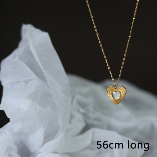 Picture of 1 Piece Vacuum Plating Simple & Casual Stylish 18K Real Gold Plated 304 Stainless Steel & Shell Ball Chain Heart Pendant Necklace For Women Valentine's Day 56cm(22") long