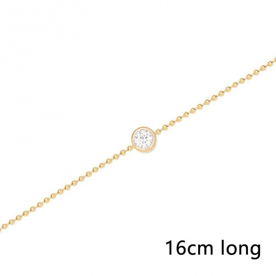 Picture of Eco-friendly Exquisite Stylish 18K Real Gold Plated 304 Stainless Steel & Cubic Zirconia Ball Chain Round Charm Bracelets For Women 16cm(6 2/8") long, 1 Piece