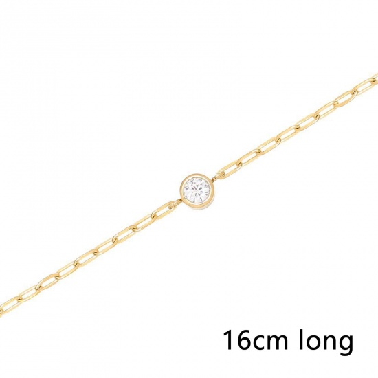 Picture of Eco-friendly Exquisite Stylish 18K Real Gold Plated 304 Stainless Steel & Cubic Zirconia Link Cable Chain Round Charm Bracelets For Women 16cm(6 2/8") long, 1 Piece