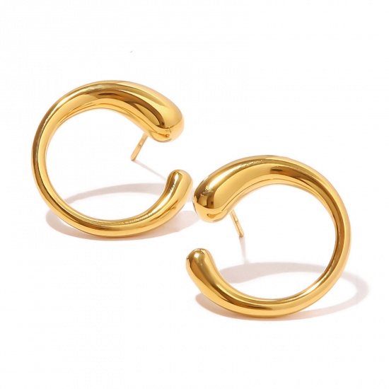 Picture of 1 Pair Vacuum Plating Simple & Casual Stylish 18K Real Gold Plated 304 Stainless Steel C Shape Ear Post Stud Earrings For Women 2.1cm x 2cm