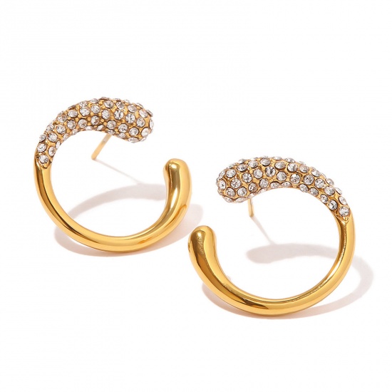 Picture of 1 Pair Vacuum Plating Simple & Casual Stylish 18K Real Gold Plated 304 Stainless Steel & Cubic Zirconia C Shape Ear Post Stud Earrings For Women 2.1cm x 2cm