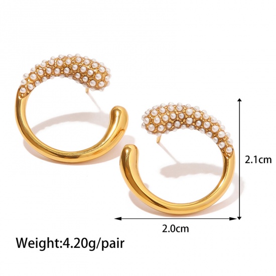 Picture of 1 Pair Vacuum Plating Dainty Stylish 18K Real Gold Plated Stainless Steel C Shape Imitation Pearl Ear Post Stud Earrings For Women 2.1cm x 2cm