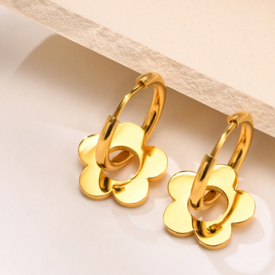 Bild von Umweltfreundlich Süß Stilvoll 18K Gold 316L Edelstahl Blumen Ohrring Für Frauen 3cm x 1.6cm, 1 Paar