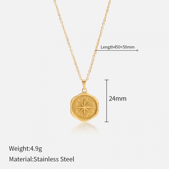 Picture of Eco-friendly Retro Stylish 18K Real Gold Plated 304 Stainless Steel Link Cable Chain Round Eight Pointed Star Pendant Necklace For Women 45cm(17 6/8") long, 1 Piece