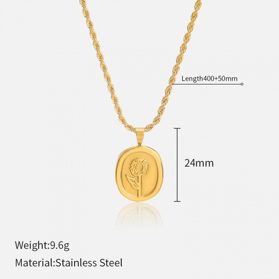 Picture of Eco-friendly Retro Stylish 18K Real Gold Plated 304 Stainless Steel Braided Rope Chain Round Rose Flower Pendant Necklace For Women 40cm(15 6/8") long, 1 Piece
