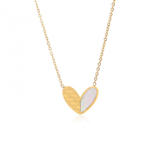 Picture of 1 Piece Vacuum Plating Simple & Casual Valentine's Day 18K Real Gold Plated 304 Stainless Steel & Shell Link Cable Chain Heart Pendant Necklace For Women 40cm(15 6/8") long