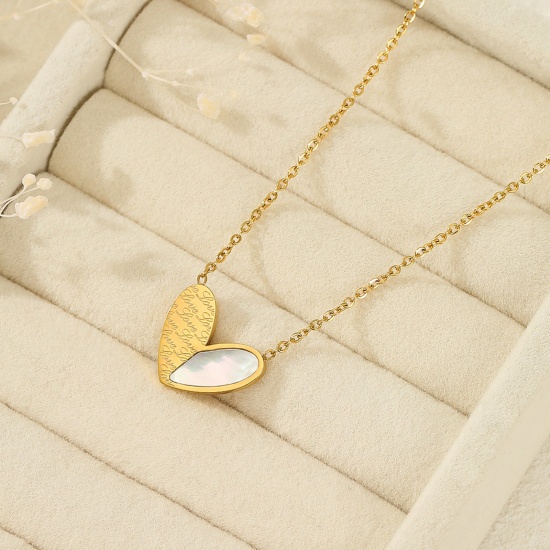 Picture of 1 Piece Vacuum Plating Simple & Casual Valentine's Day 18K Real Gold Plated 304 Stainless Steel & Shell Link Cable Chain Heart Pendant Necklace For Women 40cm(15 6/8") long
