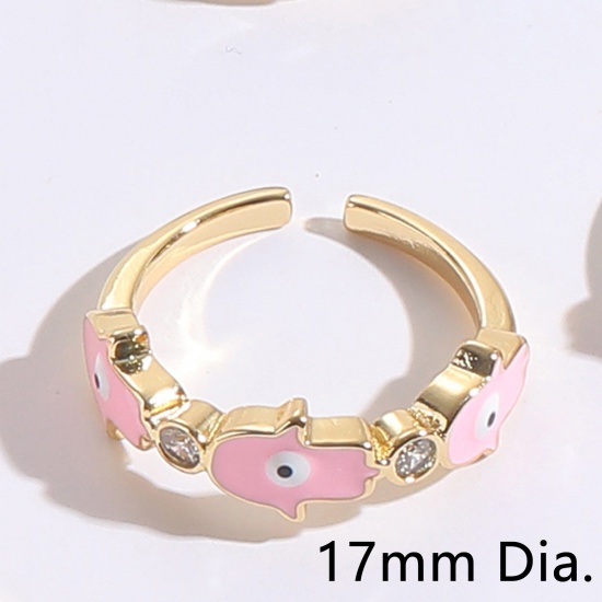 Picture of Eco-friendly Retro Stylish 14K Gold Plated Pink Brass & Cubic Zirconia Open Hamsa Symbol Hand Evil Eye Enamel Rings For Women 17mm(US Size 6.5), 1 Piece