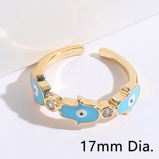 Picture of Eco-friendly Retro Stylish 14K Gold Plated Lake Blue Brass & Cubic Zirconia Open Hamsa Symbol Hand Evil Eye Enamel Rings For Women 17mm(US Size 6.5), 1 Piece
