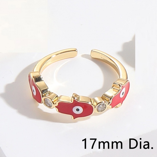 Picture of Eco-friendly Retro Stylish 14K Gold Plated Red Brass & Cubic Zirconia Open Hamsa Symbol Hand Evil Eye Enamel Rings For Women 17mm(US Size 6.5), 1 Piece