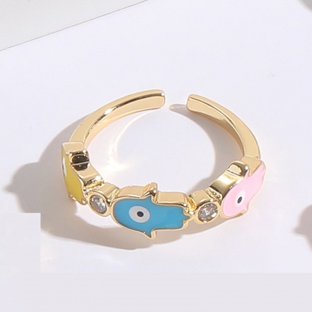 Bild von Umweltfreundlich Retro Stilvoll 14K Gold Blau & Rosa Messing & Kubisch Zirkonia Offen Hamsa Symbol Hand Böser Blick Evil Eye Emaille Ring Für Frauen 17mm (US Größe 6.5), 1 Stück