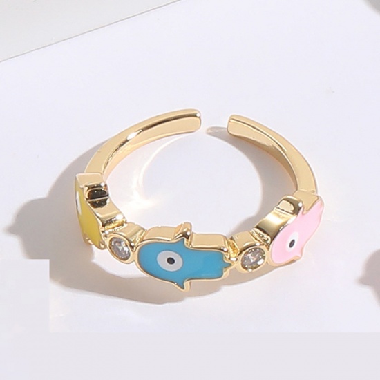Picture of Eco-friendly Retro Stylish 14K Gold Plated Blue & Pink Brass & Cubic Zirconia Open Hamsa Symbol Hand Evil Eye Enamel Rings For Women 17mm(US Size 6.5), 1 Piece
