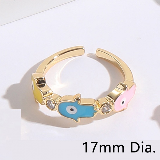 Picture of Eco-friendly Retro Stylish 14K Gold Plated Blue & Pink Brass & Cubic Zirconia Open Hamsa Symbol Hand Evil Eye Enamel Rings For Women 17mm(US Size 6.5), 1 Piece