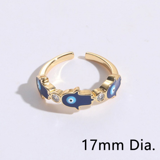 Picture of Eco-friendly Retro Stylish 14K Gold Plated Ink Blue Brass & Cubic Zirconia Open Hamsa Symbol Hand Evil Eye Enamel Rings For Women 17mm(US Size 6.5), 1 Piece