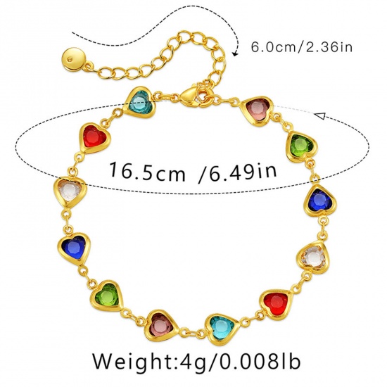 Bild von Umweltfreundlich Süß Valentinstag 18K Echtgold plattiert Messing + Glas Schmuckkette Kette Herz Armband Für Frauen 16cm lang, 1 Strang