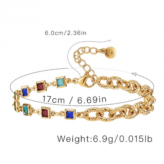 Picture of Eco-friendly Exquisite Stylish 18K Real Gold Plated Copper & Cubic Zirconia Curb Link Chain Rectangle Splicing Bracelets For Women 17cm(6 6/8") long, 1 Piece