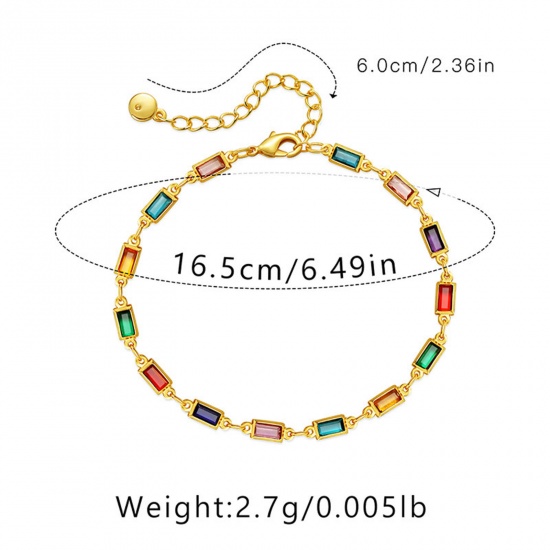 Picture of Eco-friendly Exquisite Stylish 18K Real Gold Plated Brass & Glass Link Chain Rectangle Bracelets For Women 16cm(6 2/8") long, 1 Piece