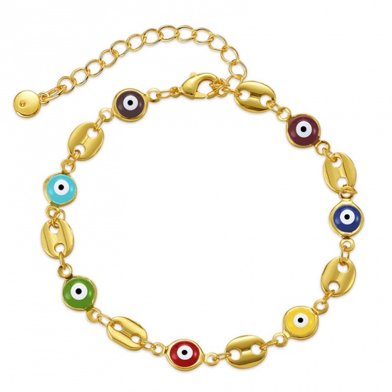 Picture of Eco-friendly Retro Boho Chic Bohemia 18K Real Gold Plated Brass Anchor Mariner Link Chain Evil Eye Enamel Bracelets For Women 18cm(7 1/8") long, 1 Piece