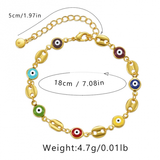 Picture of Eco-friendly Retro Boho Chic Bohemia 18K Real Gold Plated Brass Anchor Mariner Link Chain Evil Eye Enamel Bracelets For Women 18cm(7 1/8") long, 1 Piece