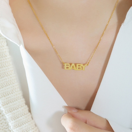 Picture of 1 Piece Vacuum Plating Simple & Casual Stylish 18K Real Gold Plated 304 Stainless Steel Link Cable Chain Message " baby " Pendant Necklace For Women 40cm(15 6/8") long