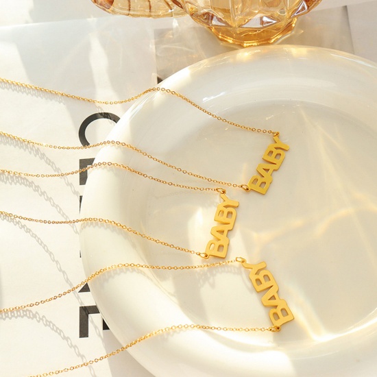 Picture of 1 Piece Vacuum Plating Simple & Casual Stylish 18K Real Gold Plated 304 Stainless Steel Link Cable Chain Message " baby " Pendant Necklace For Women 40cm(15 6/8") long