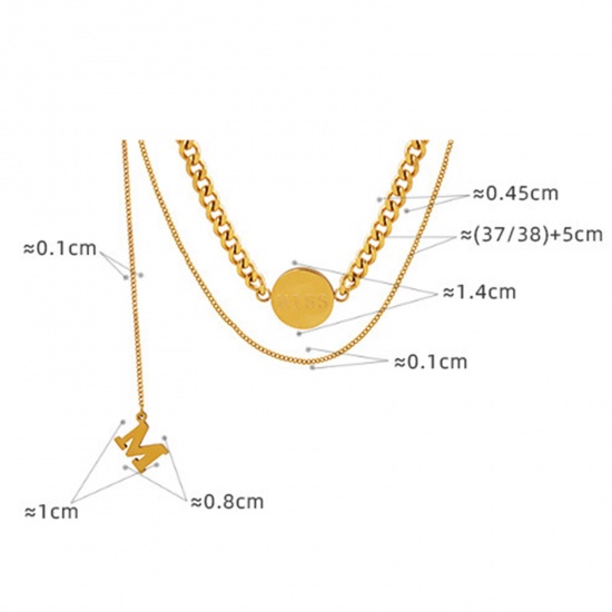 Picture of 1 Piece Vacuum Plating Stylish Simple 18K Real Gold Plated 304 Stainless Steel Link Cable Chain Round Message " M " Multilayer Layered Necklace Unisex 37cm-38cm long