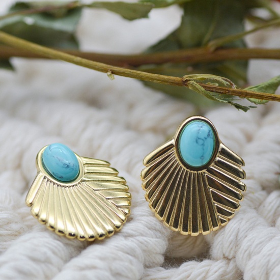 Bild von 1 Paar Vakuumbeschichtung Stilvoll Böhmischer Stil 14K Echtgold plattiert 304 Edelstahl & Stein Fächer-Form Ohrring Ohrstecker Für Frauen 1,4cm x 1,4cm