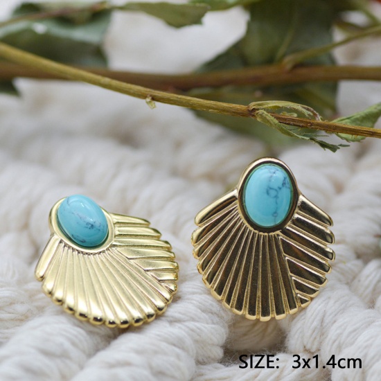 Picture of 1 Pair Vacuum Plating Stylish Boho Chic Bohemia 14K Real Gold Plated 304 Stainless Steel & Stone Fan-shaped Ear Post Stud Earrings For Women 1.4cm x 1.4cm
