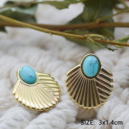 Bild von 1 Paar Vakuumbeschichtung Stilvoll Böhmischer Stil 14K Echtgold plattiert 304 Edelstahl & Stein Fächer-Form Ohrring Ohrstecker Für Frauen 1,4cm x 1,4cm