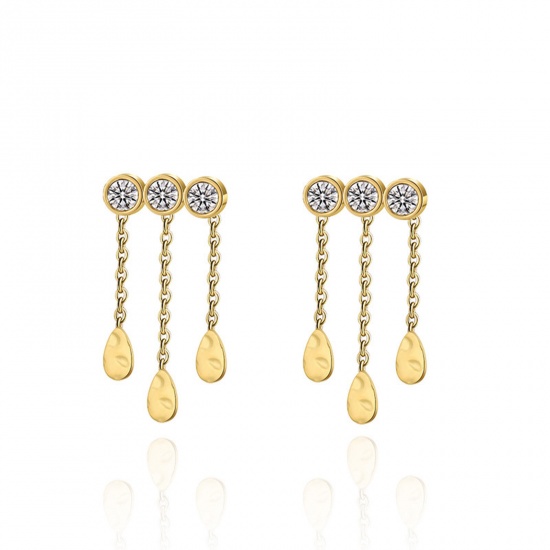 Picture of 1 Pair Vacuum Plating Simple & Casual Stylish 18K Real Gold Plated 304 Stainless Steel & Cubic Zirconia Tassel Drop Tassel Earrings For Women 1.2cm