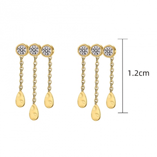 Picture of 1 Pair Vacuum Plating Simple & Casual Stylish 18K Real Gold Plated 304 Stainless Steel & Cubic Zirconia Tassel Drop Tassel Earrings For Women 1.2cm