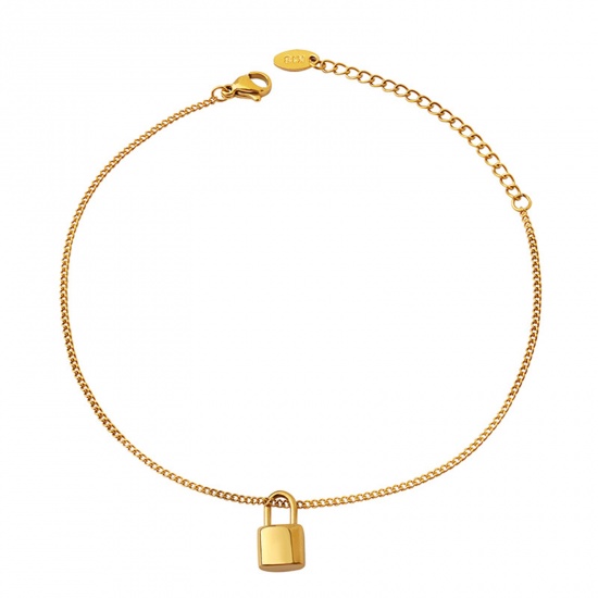 Picture of Simple & Casual Stylish 18K Gold Color 304 Stainless Steel Lock Anklet For Women Party 20cm(7 7/8") long, 1 Piece