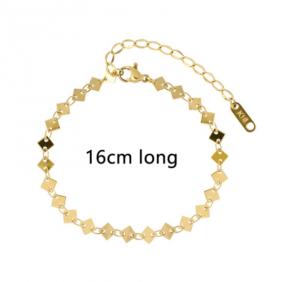 Picture of 1 Piece Vacuum Plating Retro Simple 18K Real Gold Plated 304 Stainless Steel Link Chain Rhombus Bracelets For Women 16cm(6 2/8") long