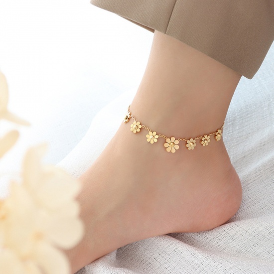 Picture of 304 Stainless Steel Stylish Anklet Daisy Flower 18K Real Gold Plated 20cm(7 7/8") long, 1 Piece