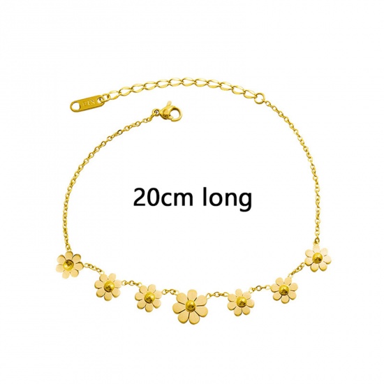 Picture of 304 Stainless Steel Stylish Anklet Daisy Flower 18K Real Gold Plated 20cm(7 7/8") long, 1 Piece