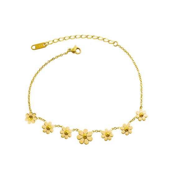 Picture of 304 Stainless Steel Stylish Anklet Daisy Flower 18K Real Gold Plated 20cm(7 7/8") long, 1 Piece