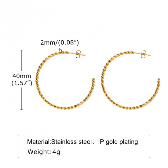 Picture of 1 Pair Vacuum Plating Simple & Casual Stylish 18K Gold Plated 304 Stainless Steel C Shape Hoop Earrings For Women Party 4cm Dia.