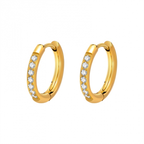 Picture of 1 Pair Vacuum Plating Simple & Casual Stylish 18K Real Gold Plated 304 Stainless Steel & Cubic Zirconia Hoop Earrings For Women Party 17mm Dia.