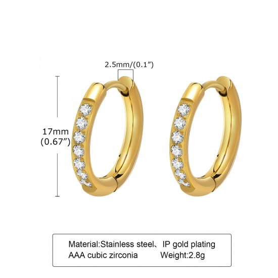 Picture of 1 Pair Vacuum Plating Simple & Casual Stylish 18K Real Gold Plated 304 Stainless Steel & Cubic Zirconia Hoop Earrings For Women Party 17mm Dia.